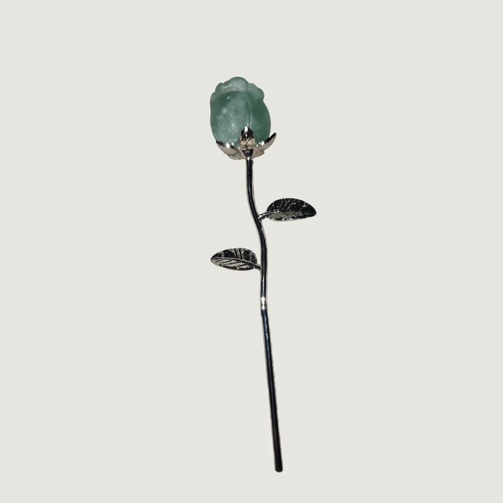 Green Fluorite Rose Hair Stick Silver Tone Metal Flower Bun Pin Accessory 6.25